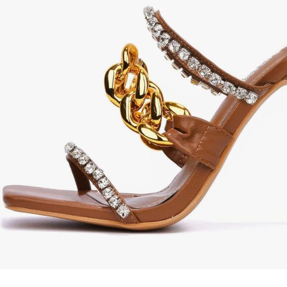 Cape Rhinestone Chain Square Toe Heels - Picture 2 of 5